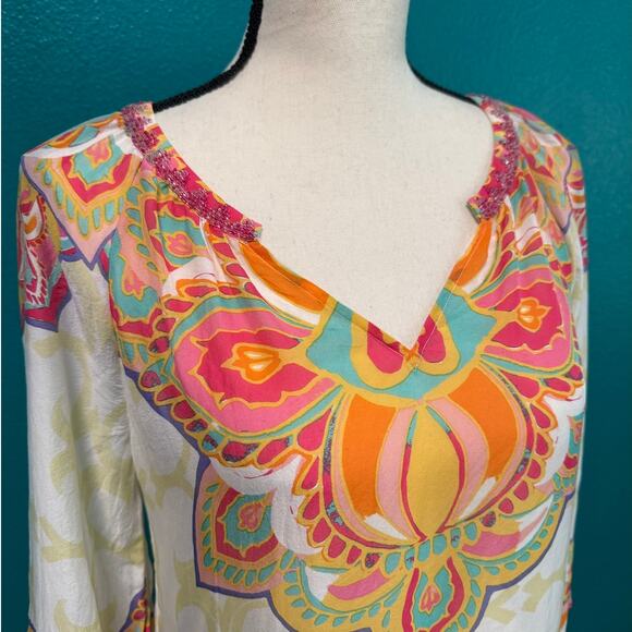 Hale Bob 100% Silk Beaded Neckline Multicolor Print Women's Blouse XS - Picture 11 of 11